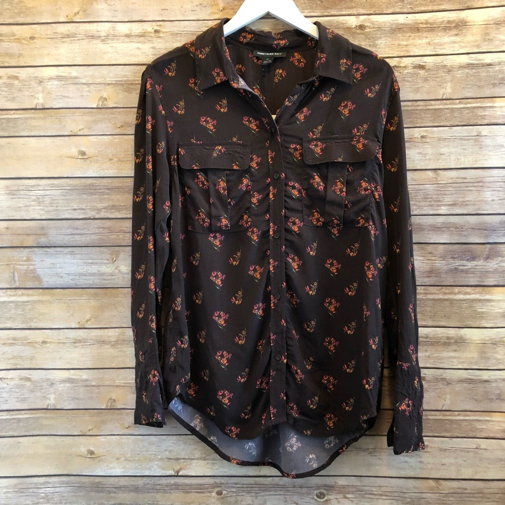 Something Navy Floral Button Up Blouse Size XS NWT
